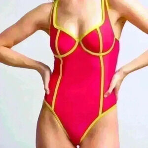 New York & Company Pink and Green Contrast-Trim One-Piece Swimsuit Size L NWT